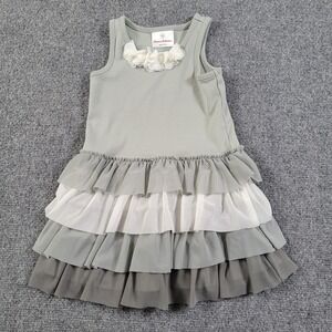 Hanna Andersson Dress Girls 90 3T Gray White Tiered Ruffle Flower Party Spring